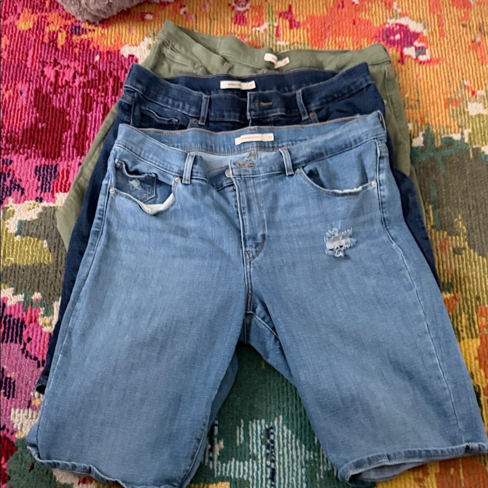 Levi's Light Blue, Dark Blue, and Olive Bermuda Shorts with Subtle Distress